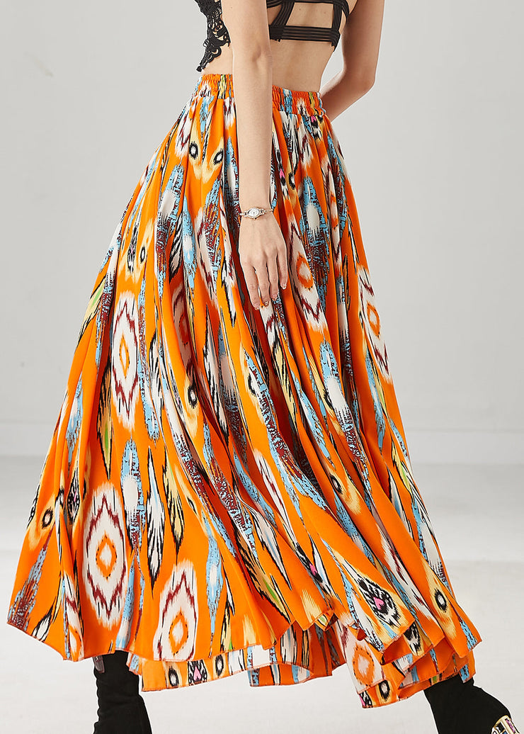 Plus Size Orange Elastic Waist Print Chiffon Skirt Spring