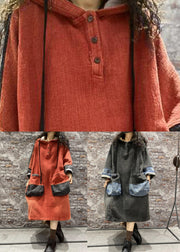 Plus Size Orange Hooded Pockets Denim Long Dress Fall