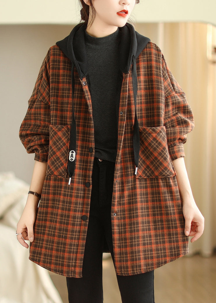 Plus Size Orange Hooded Pockets Plaid Warm Fleece Jacket Winter