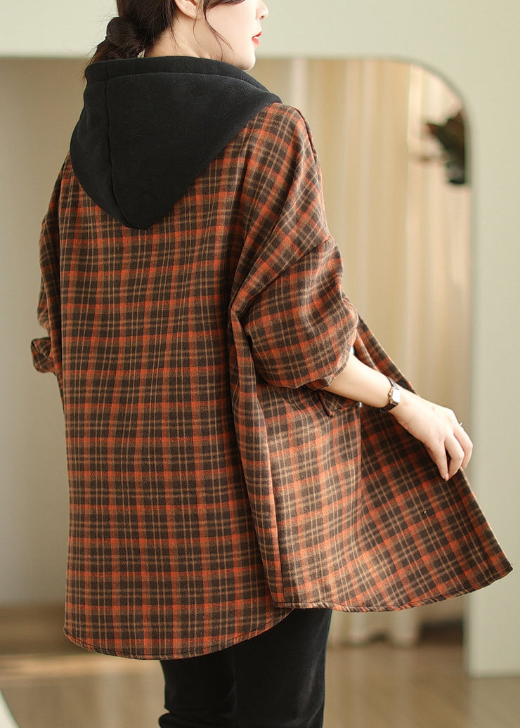 Plus Size Orange Hooded Pockets Plaid Warm Fleece Jacket Winter