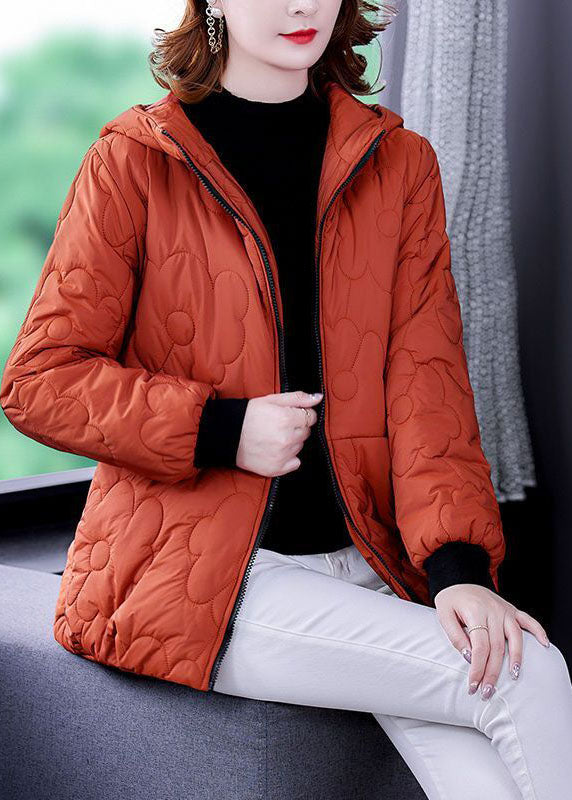 Plus Size Orange Hooded Zippered Fine Cotton Filled Winter Coats