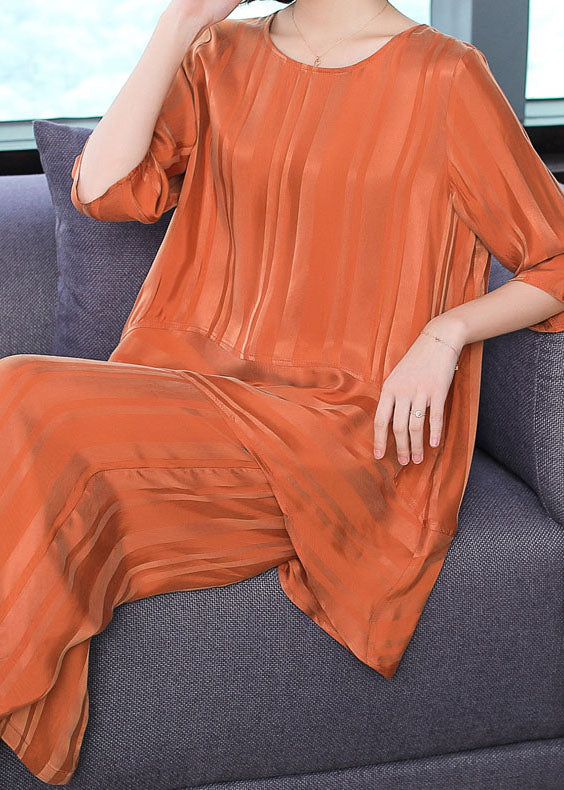 Plus Size Orange O-Neck Patchwork Silk Two Piece Set Women Clothing Summer