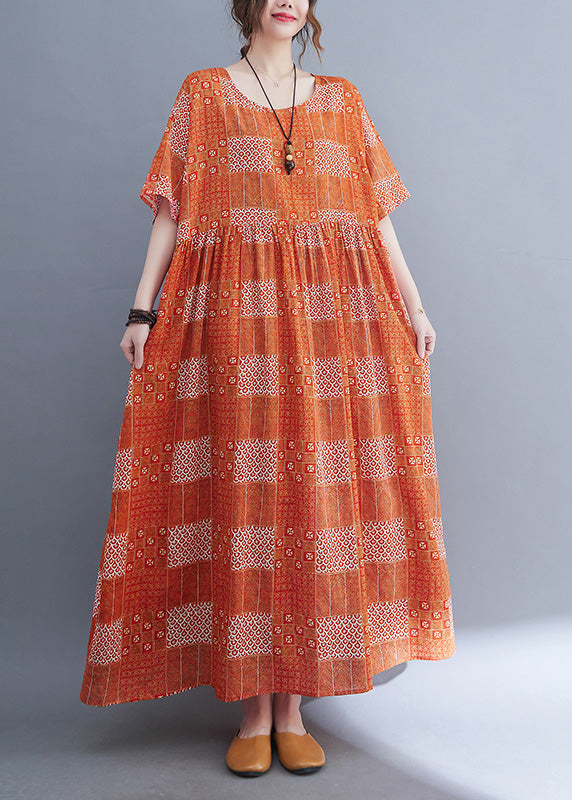 Plus Size Orange O-Neck Patchwork Wrinkled Party Maxi Dress Summer