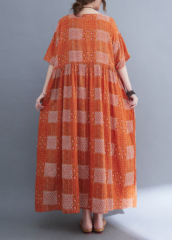 Plus Size Orange O-Neck Patchwork Wrinkled Party Maxi Dress Summer