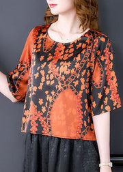 Plus Size Orange O-Neck Print Silk Shirt Top Short Sleeve