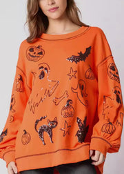 Plus Size Orange O Neck Sequins Cotton Sweatshirts Fall