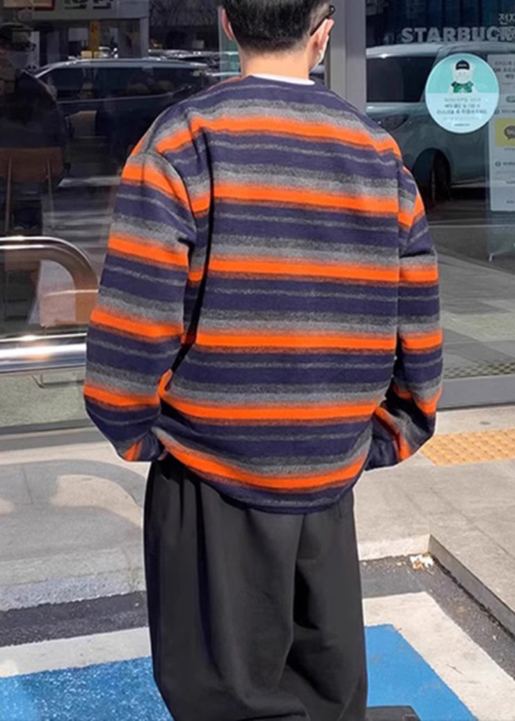 Plus Size Orange O Neck Striped Cotton Men T Shirt Fall