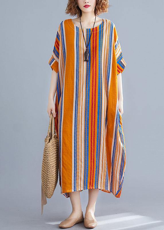 Plus Size Orange O-Neck Striped Summer Cotton Maxi Dresses - bagstylebliss