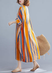 Plus Size Orange O-Neck Striped Summer Cotton Maxi Dresses - bagstylebliss