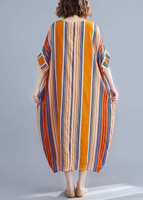 Plus Size Orange O-Neck Striped Summer Cotton Maxi Dresses - bagstylebliss
