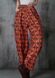 Plus Size Orange Oversized Print Cotton Pants Summer