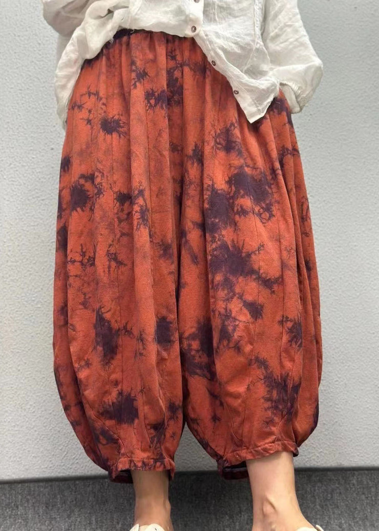 Plus Size Orange Pockets Print Elastic Waist Linen Lantern Pants Summer