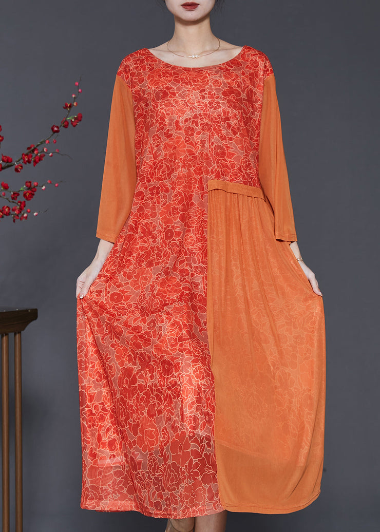 Plus Size Orange Print Patchwork Silk Long Dress Bracelet Sleeve