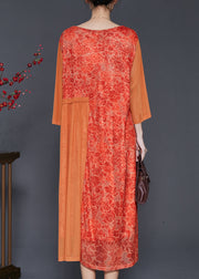 Plus Size Orange Print Patchwork Silk Long Dress Bracelet Sleeve