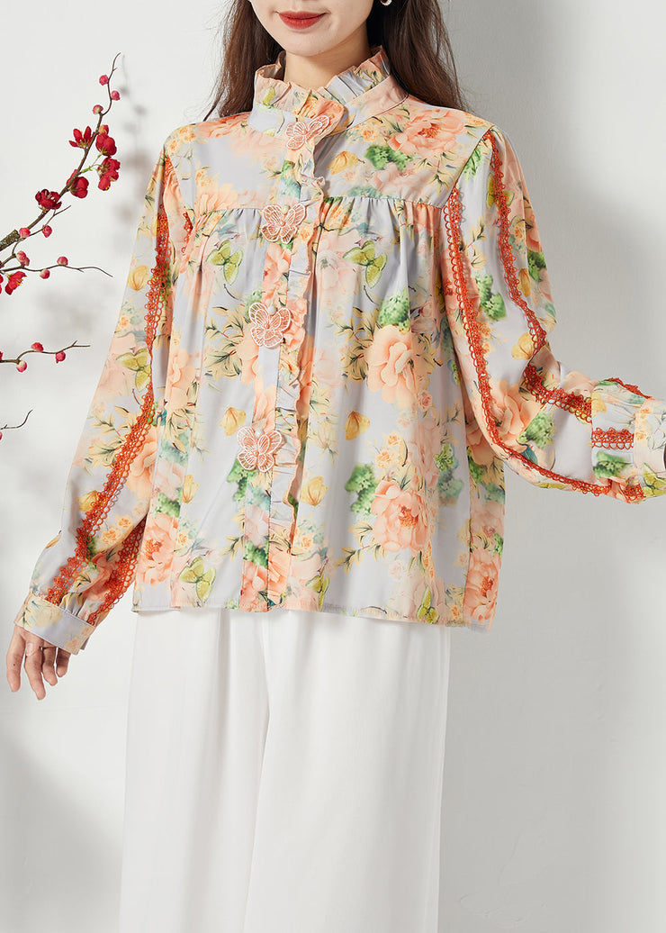 Plus Size Orange Ruffled Print Chiffon Shirt Top Spring