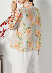 Plus Size Orange Ruffled Print Chiffon Shirt Top Spring