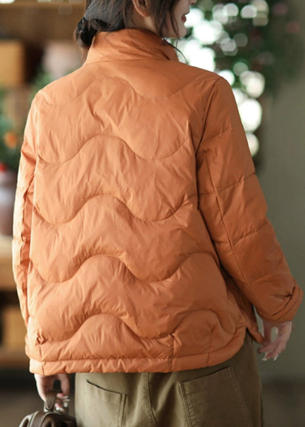 Plus Size Orange Stand Collar Pockets Fine Cotton Filled Parkas Winter