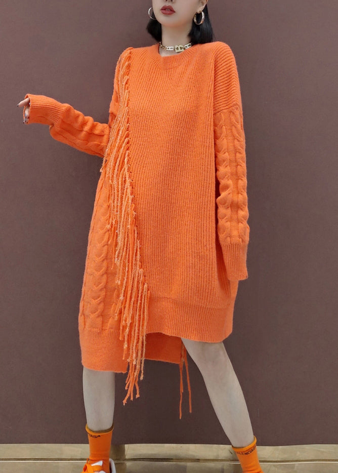 Plus Size Orange Tasseled Patchwork Knit Knit Sweater Dress Winter