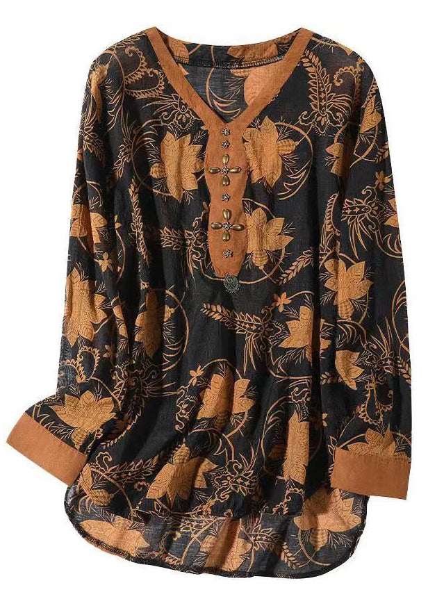 Plus Size Orange V Neck Print Patchwork Cotton Top Fall