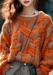 Plus Size Orange Warm Cotton Knitted Cable Sweater Winter