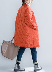 Plus Size Orange Zip Up Pockets Ruffled Patchwork Cotton Filled Coats Winter