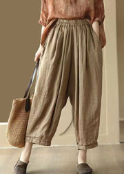 Plus Size Original Coffee Pockets Elastic Waist Linen Crop Pants Summer