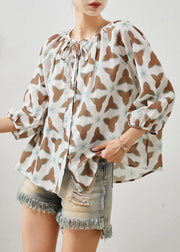 Plus Size Oversized Print Lace Up Cotton Blouse Tops Summer