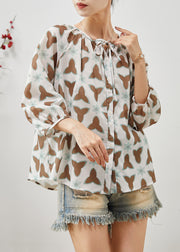 Plus Size Oversized Print Lace Up Cotton Blouse Tops Summer