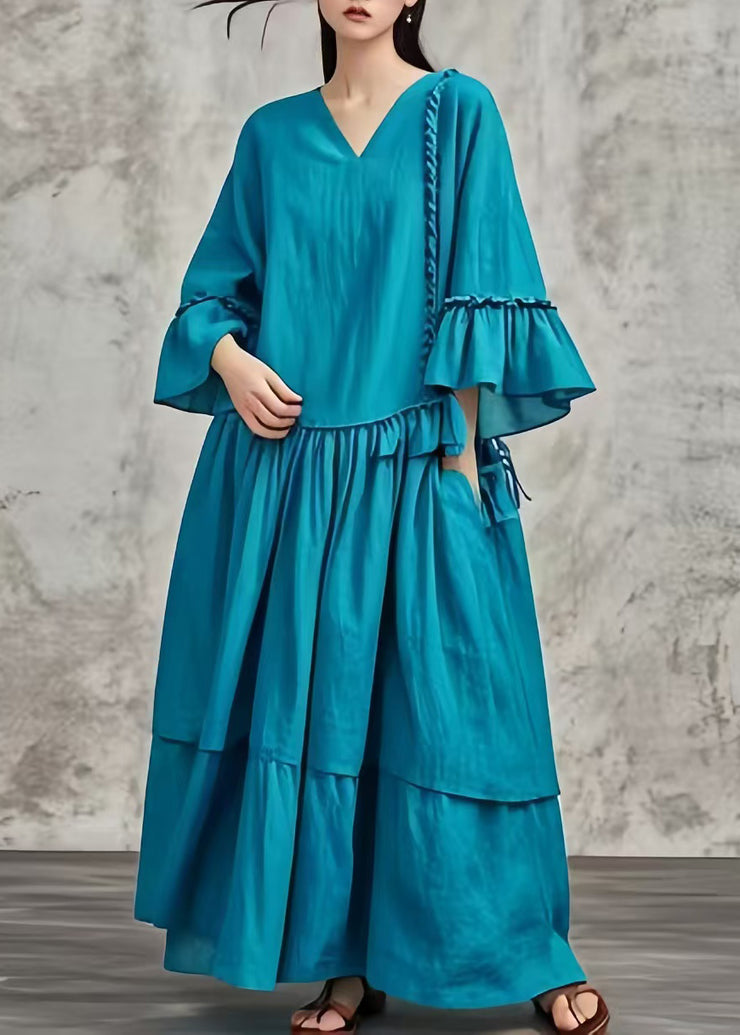 Plus Size Peacock Blue Oversized Patchwork Cotton Maxi Dresses Fall