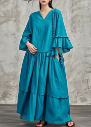 Plus Size Peacock Blue Oversized Patchwork Cotton Maxi Dresses Fall