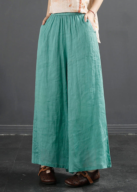 Plus Size Peacock Blue Pockets Elastic Waist Linen Wide Leg Pants Fall