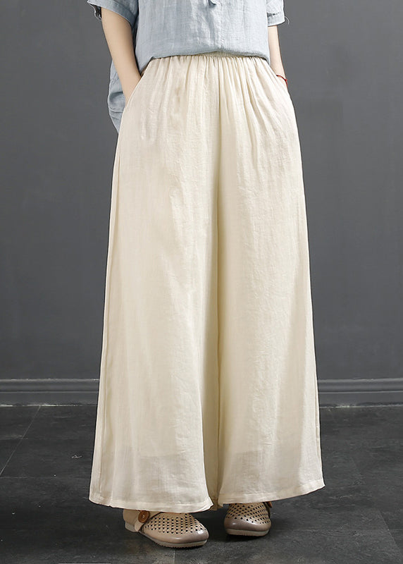 Plus Size Peacock Blue Pockets Elastic Waist Linen Wide Leg Pants Fall