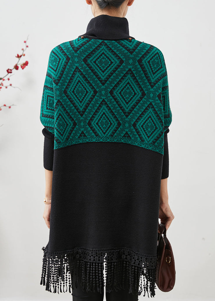 Plus Size Peacock Green Tasseled Patchwork Knit Mid Dress Spring