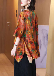 Plus Size Peacock Print V Neck Patchwork Silk Shirt Top Summer