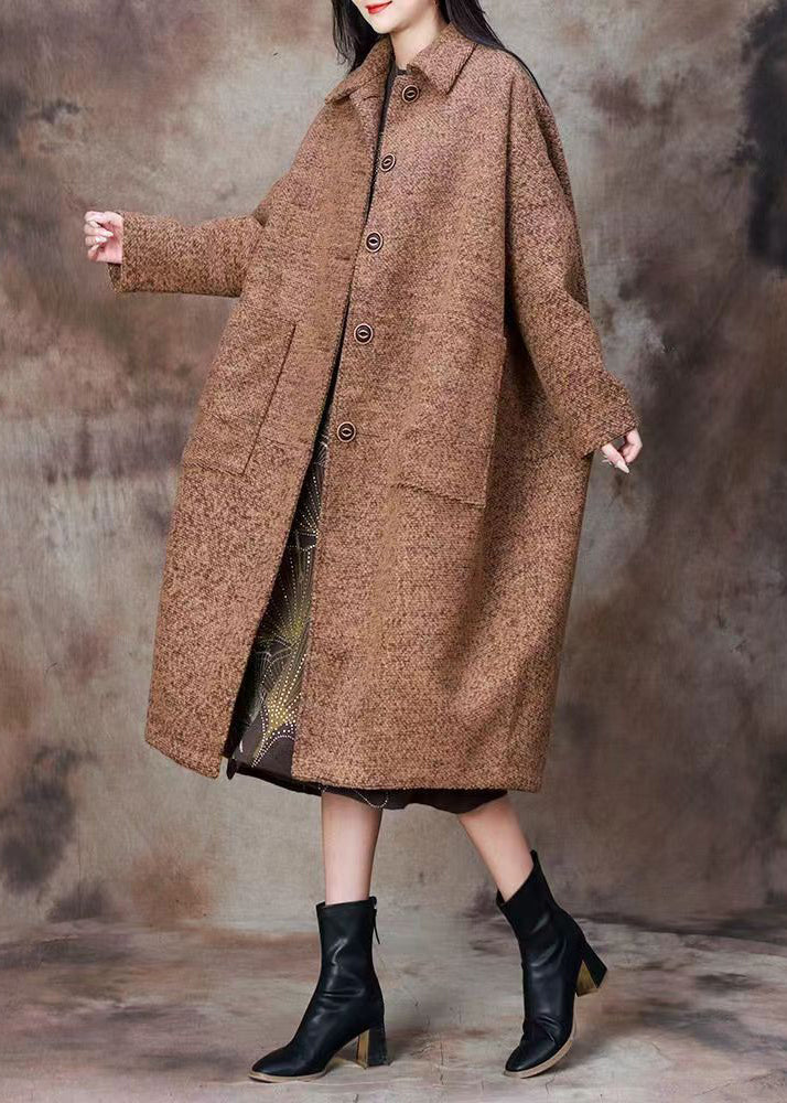 Plus Size Peter Pan Collar Button Pockets Woolen Coats Long Sleeve