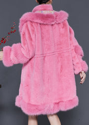 Plus Size Pink Embroideried Drawstring Mink Velvet Coat Outwear Spring