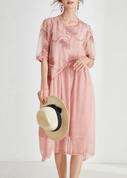 Plus Size Pink Embroideried Floral Chiffon Maxi Dress Short Sleeve