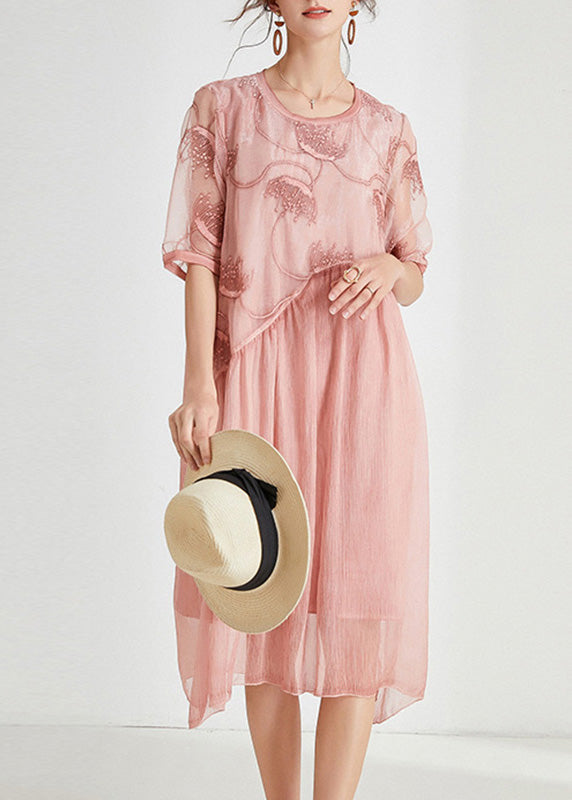 Plus Size Pink Embroideried Floral Chiffon Maxi Dress Short Sleeve