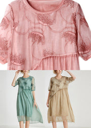 Plus Size Pink Embroideried Floral Chiffon Maxi Dress Short Sleeve