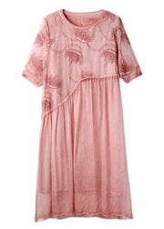 Plus Size Pink Embroideried Floral Chiffon Maxi Dress Short Sleeve