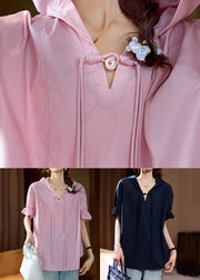 Plus Size Pink Hooded Chinese Button Cotton T Shirt Summer