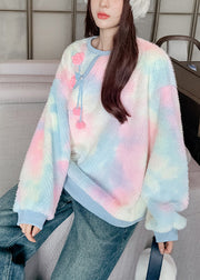 Plus Size Pink O-Neck Embroideried Floral Warm Fleece Fuzzy Fur Tops Winter