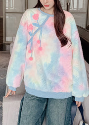 Plus Size Pink O-Neck Embroideried Floral Warm Fleece Fuzzy Fur Tops Winter