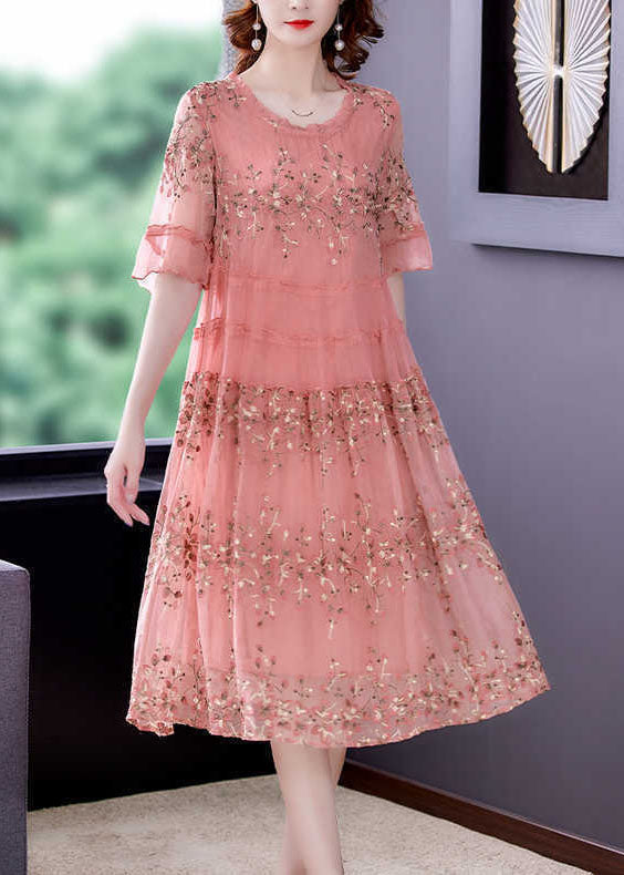 Plus Size Pink O-Neck Patchwork Print Tulle Party Dress Summer