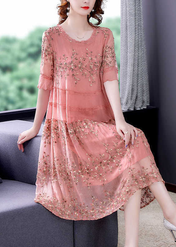 Plus Size Pink O-Neck Patchwork Print Tulle Party Dress Summer