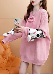 Plus Size Pink Original Design Jacquard Cozy Knitted Long Sweater Winter