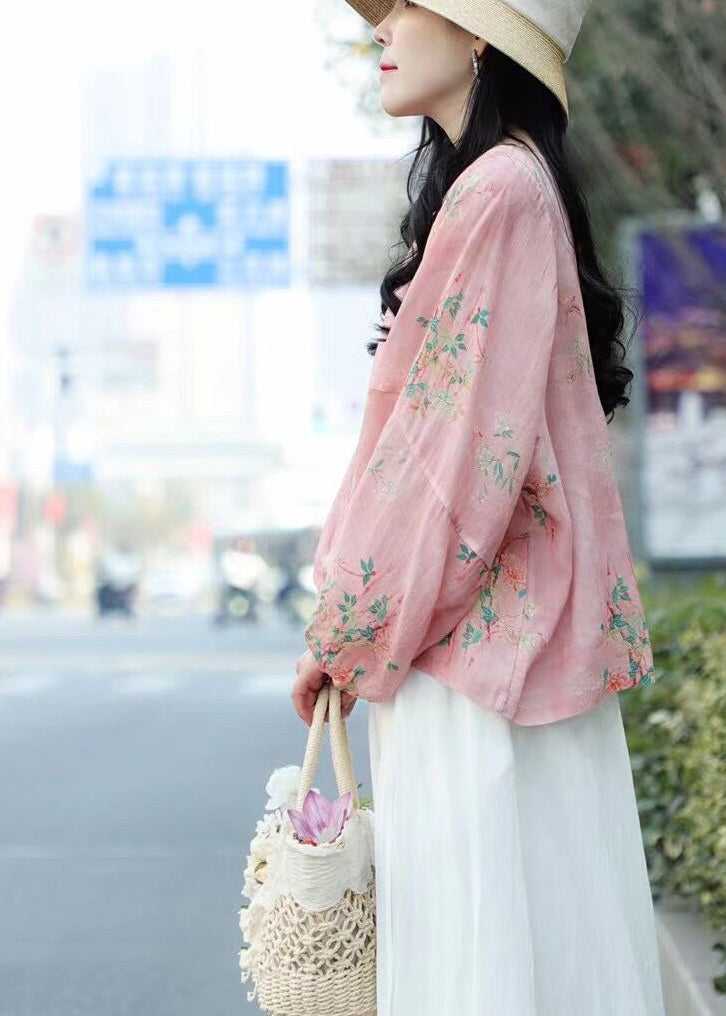 Plus Size Pink Print Linen Blouse Tops lantern sleeve