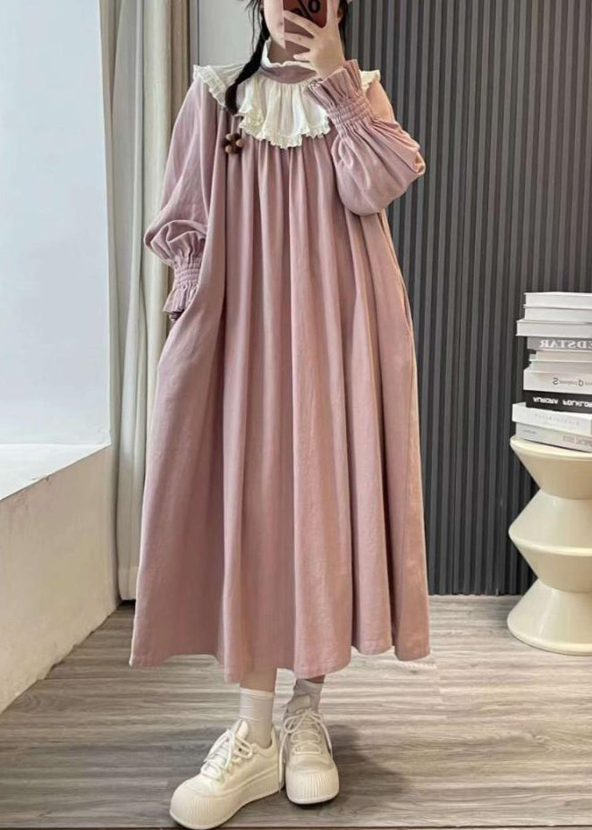 Plus Size Pink Ruffled Patchwork Cotton Long Dresses Spring