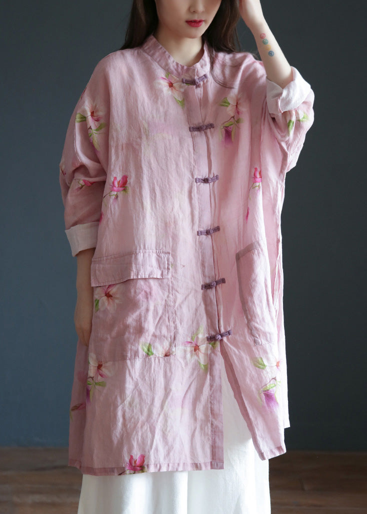 Plus Size Pink Stand Collar Print Button Ramie Long Coats Spring