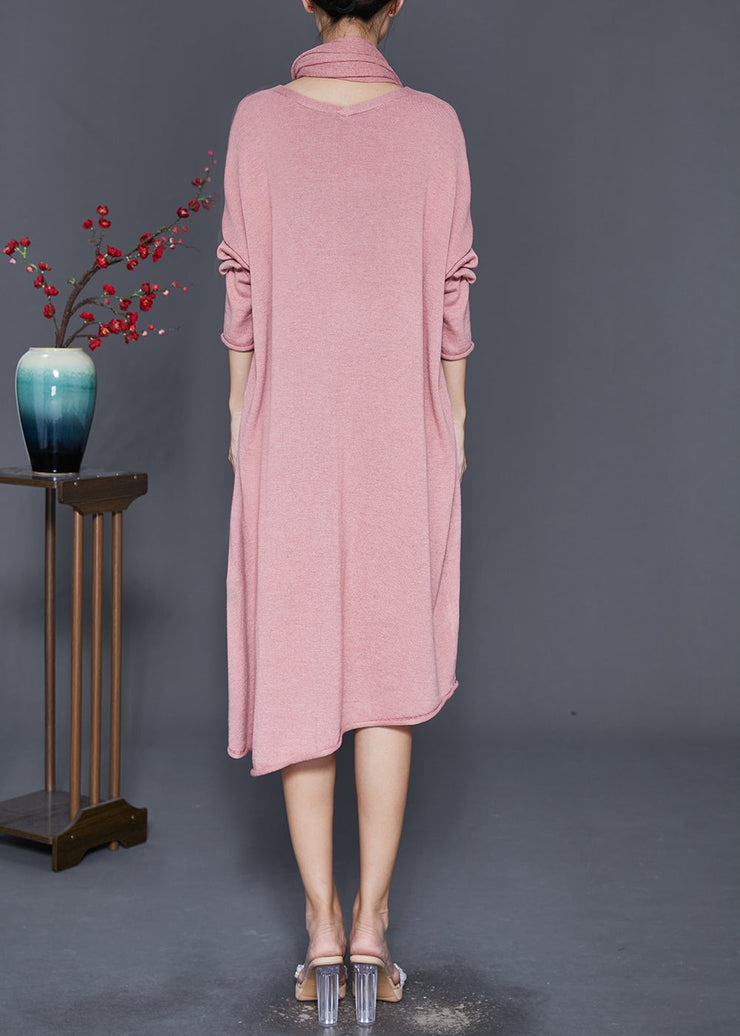 Plus Size Pink V Neck Complimentary Scarf Knit Dress Fall